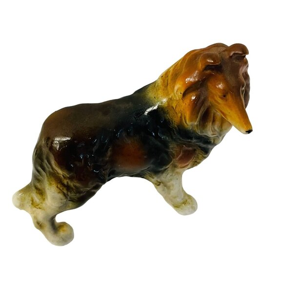 Vintage Glossy Figurine Ceramic Collie Dog Brown Missing One leg - Picture 1 of 6